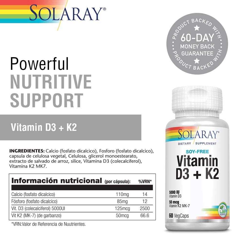 Vitamina D3 + k2 solaray sistema inmune huesos descripción